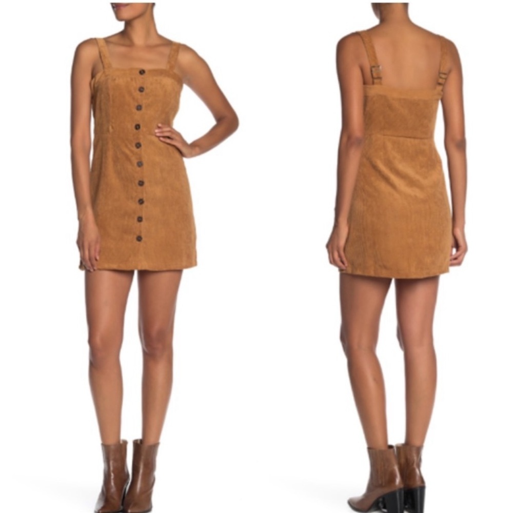 Kenedik Cognac Corduroy Boho Tank Strap Button Front Mini Dress SIZE MEDIUM